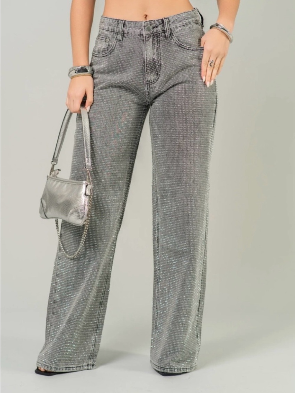 Women's Silver Wide-Leg Jeams with Sparkle (SKU713)
